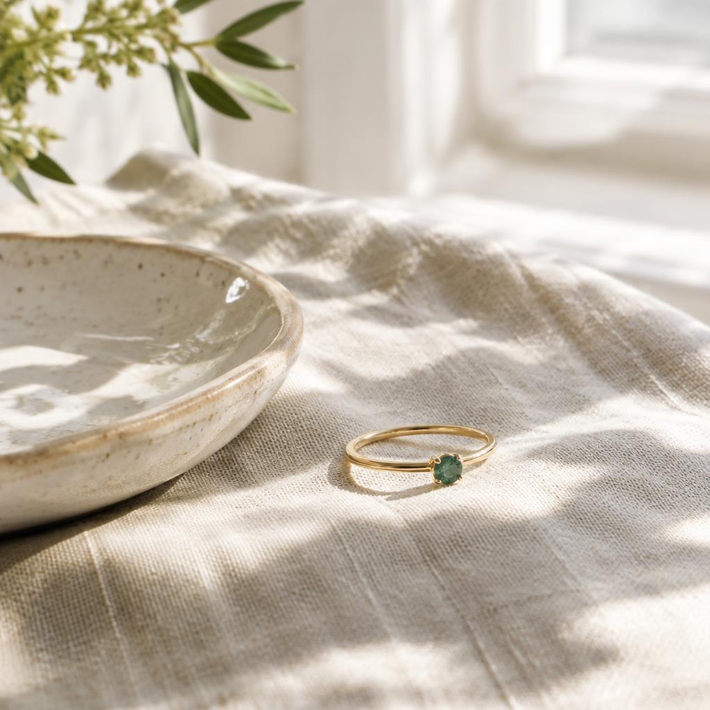 Lifestyle photo of a gold ring on linen